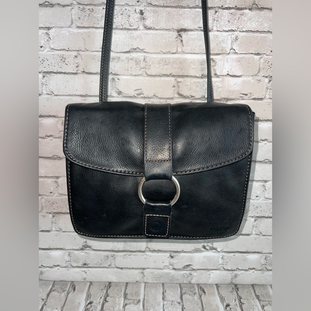 Vtg Fossil Black Leather Crossbody Bag
